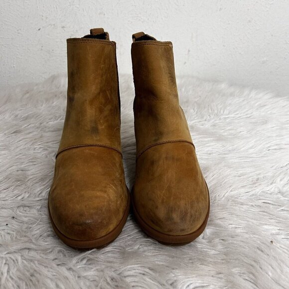 Sorel Tan Joan of Arctic Nubuck Leather Wedge Booties Sz 9 Pull Eli Curry Brown - Picture 2 of 11